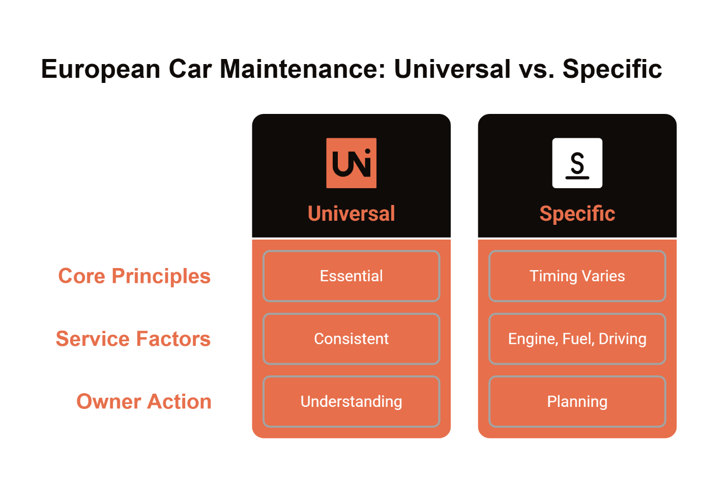 Two-column infographic: left column lists universal services; right column shows the specific service timing.