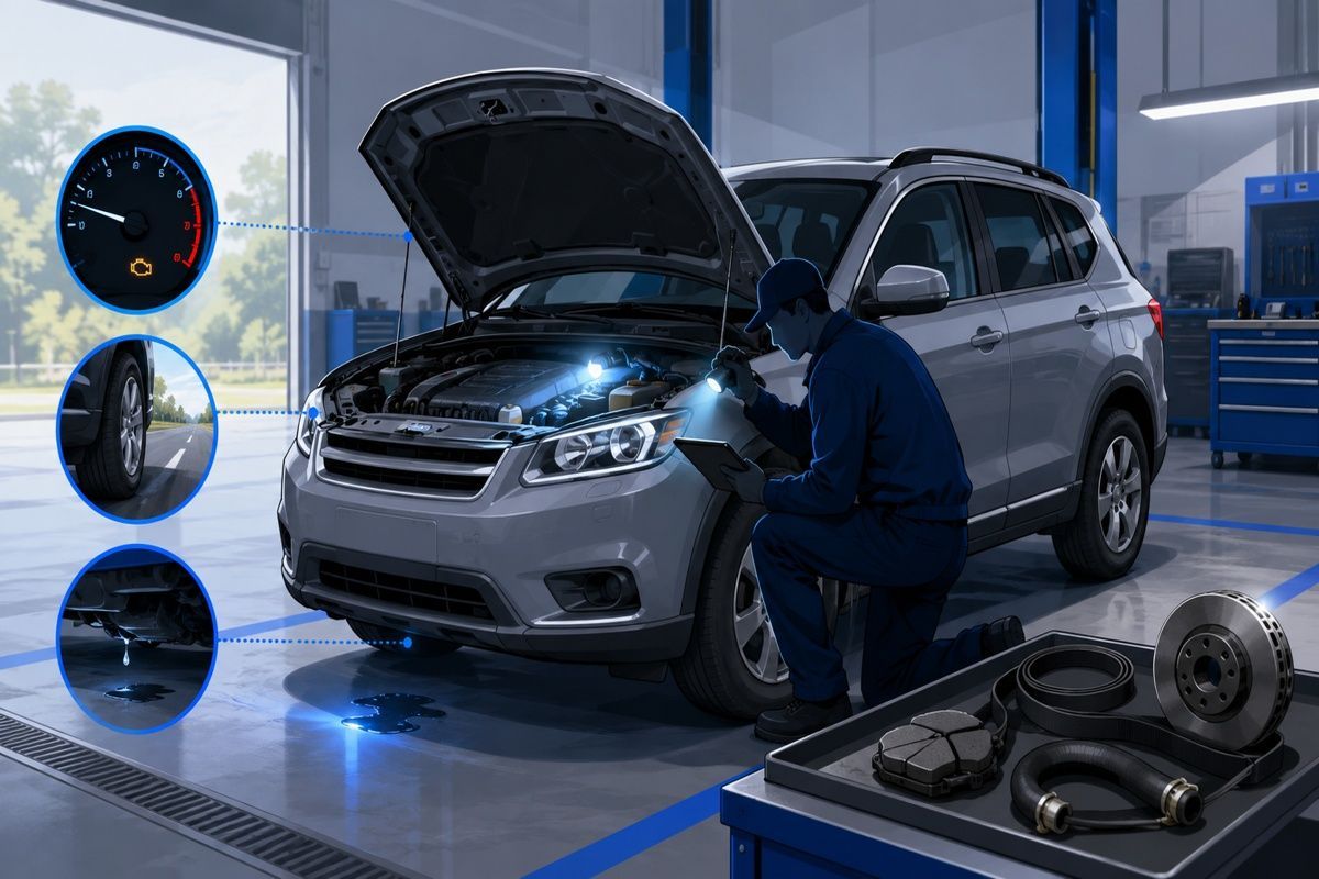 Technician inspects an SUV with warning, tire, and fluid-leak cues before repairs.