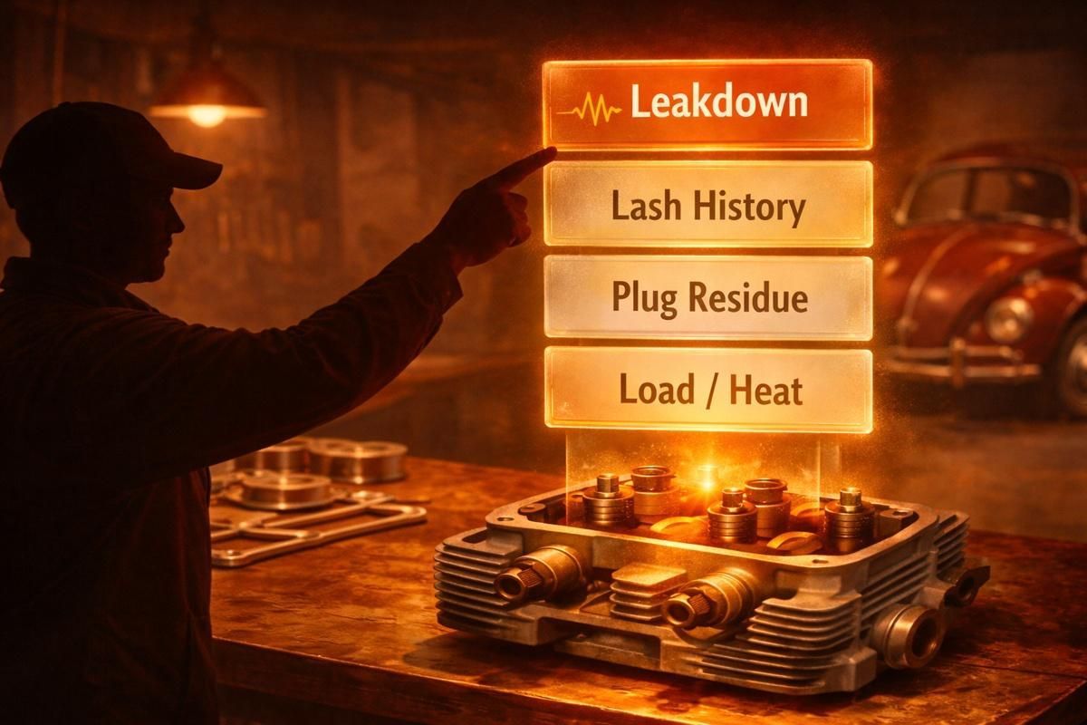 Silhouetted mechanic points to stacked glowing diagnostic cards above a VW head.