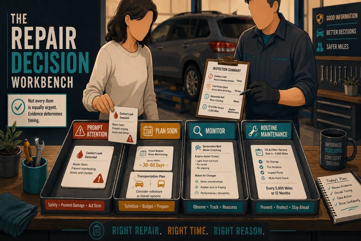 Family car repair findings sorted into prompt, planned, monitored, & routine maintenance categories.