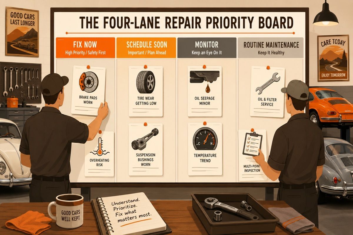 Mechanics sort repair cards into fix now, schedule soon, monitor, and maintenance lanes.