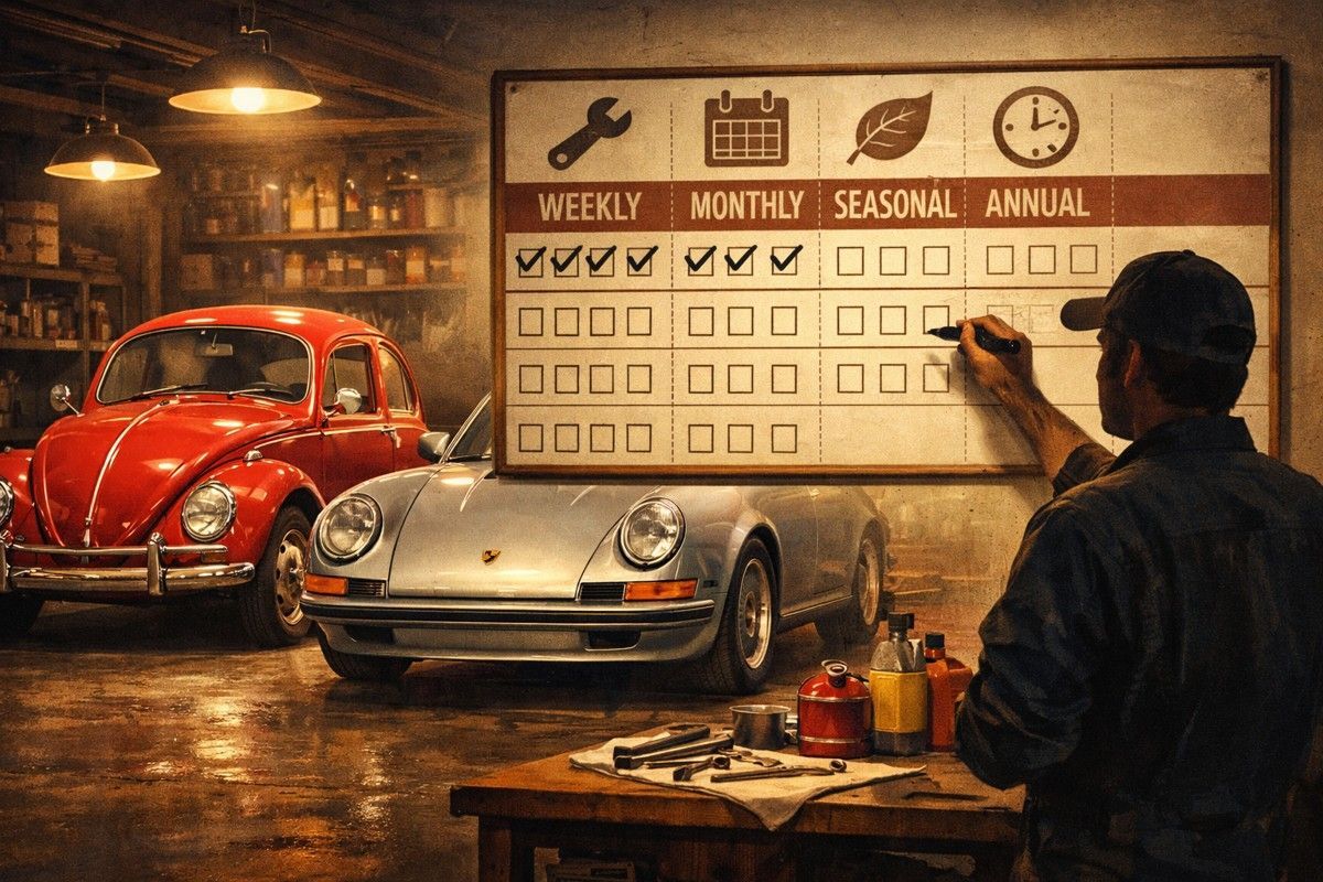 Classic VW Beetle and Porsche in a garage with mechanic marking a time-based maintenance calendar.