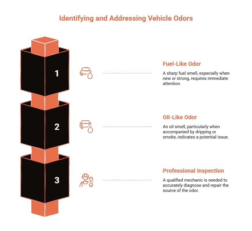 Vehicle odor diagnosis guide explaining fuel-like smells, oil-like odors, and when professional inspection is needed to find the source.
