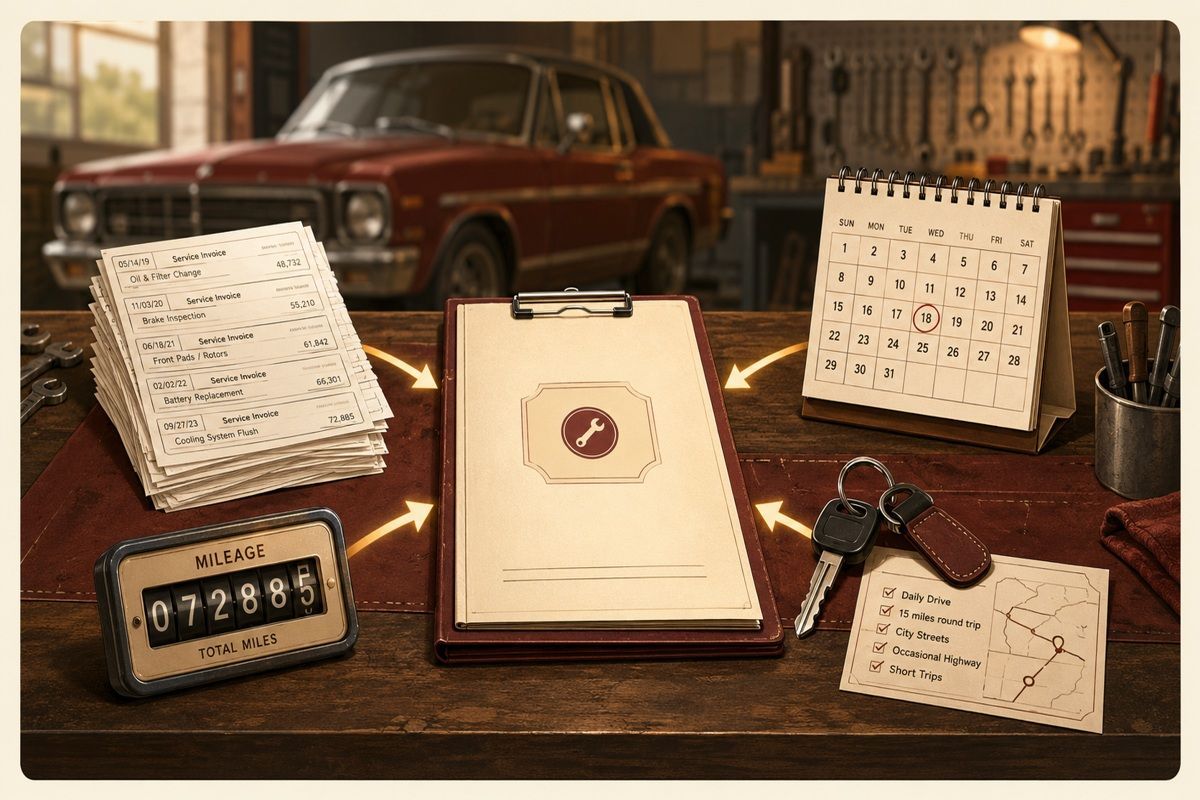Maintenance planning workbench with receipts, mileage counter, calendar, and car keys.