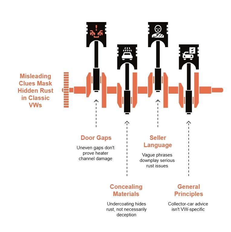 Classic VW rust warning diagram showing how door gaps, vague seller language, undercoating, and general collector-car advice can mask hidden corrosion.