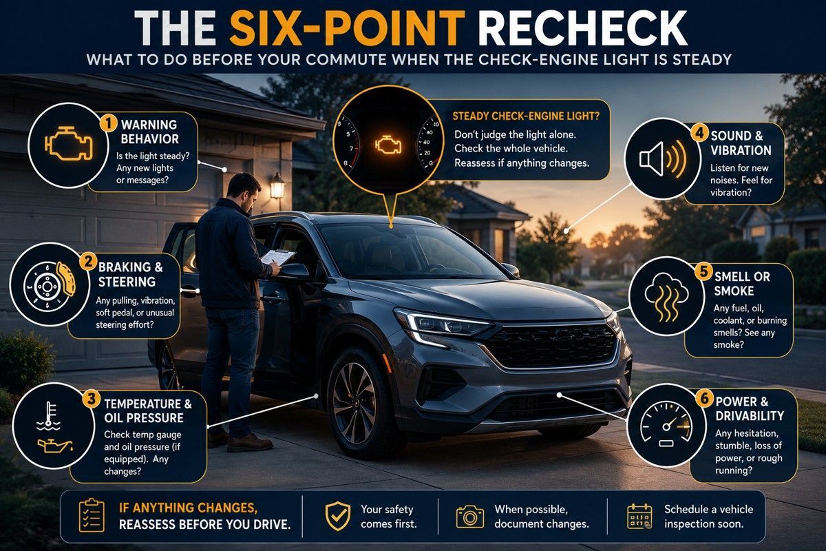 Driver checks six vehicle warning areas around a modern SUV with a steady check-engine light.