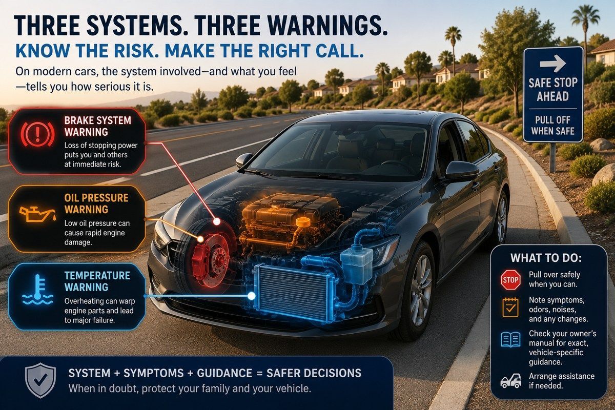 Modern sedan cutaway highlights brake, oil-pressure, and cooling-system safety risks.