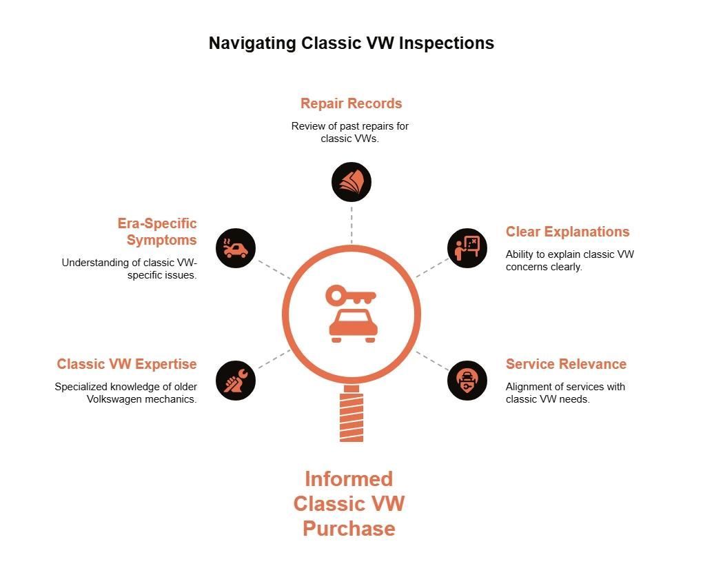 Classic VW inspection guide showing repair records, clear explanations, service relevance, era-specific symptoms, and VW expertise for informed purchase decisions.