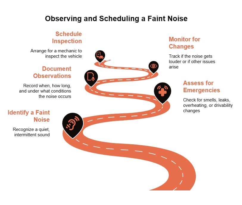 Faint noise scheduling infographic with a winding road showing steps to identify a noise, document observations, assess emergencies, monitor changes, and schedule inspection.