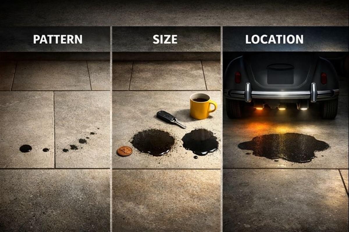 Triptych showing oil spot pattern, size, and location under a classic VW to guide leak urgency checks.