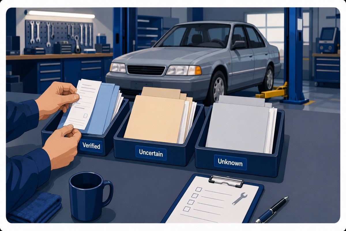 Older car maintenance records sorted into verified, uncertain, and unknown trays.