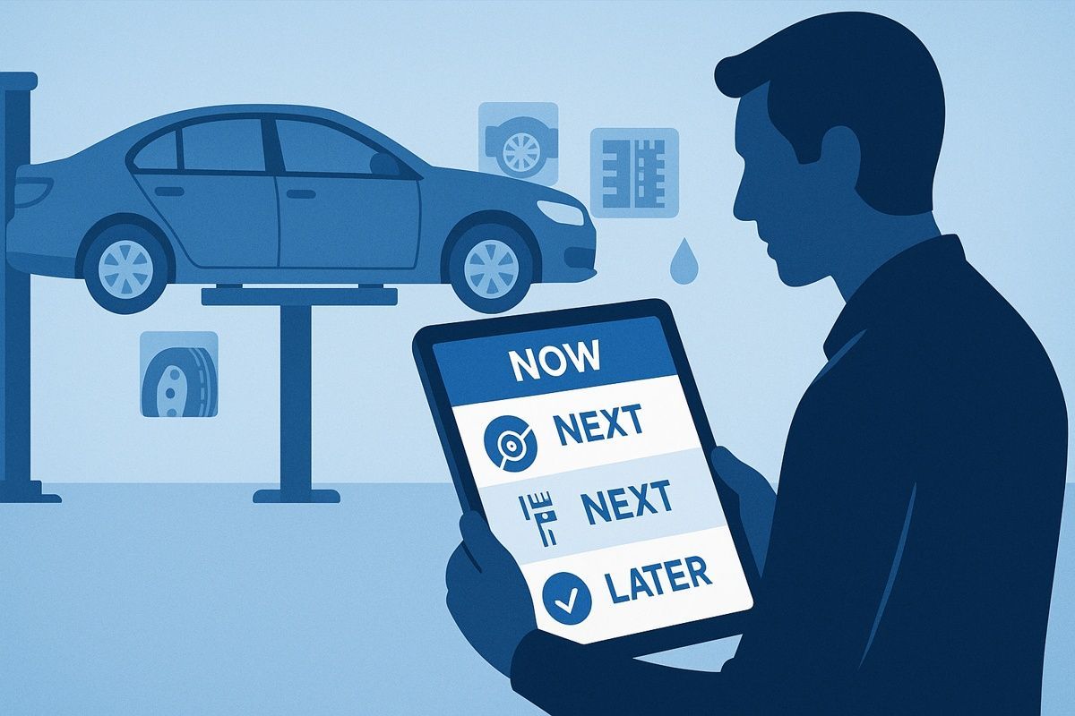Stylized illustration of a technician auditing a European car with a tablet showing Now/Next/Later inspection checklist.