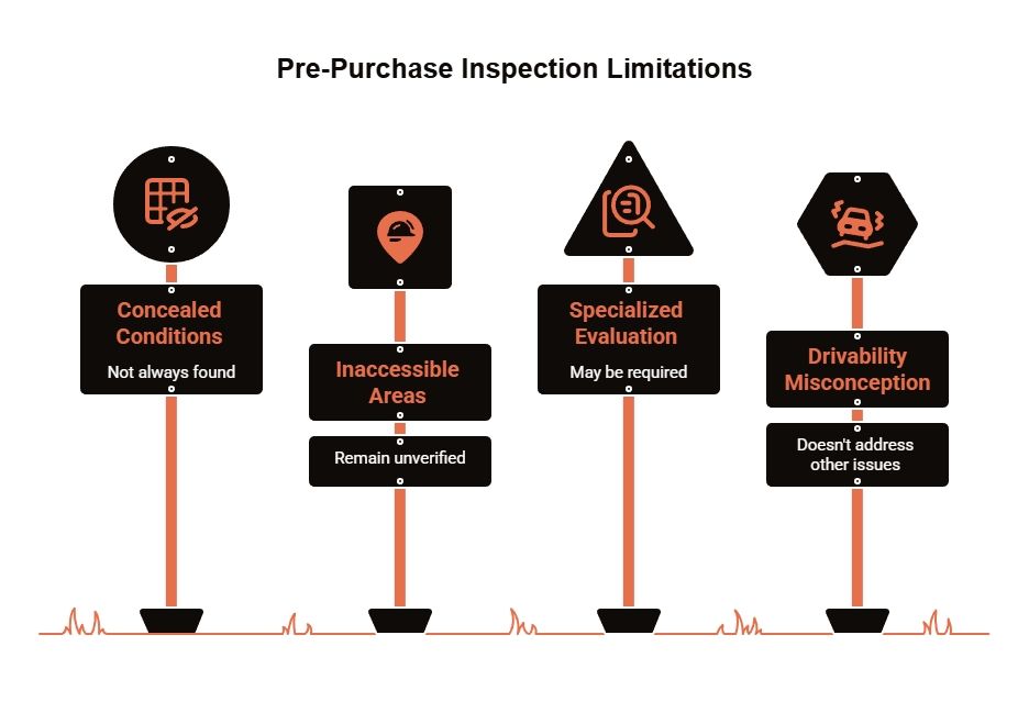 Pre-purchase inspection limitations graphic showing concealed conditions, inaccessible areas, specialized evaluations, and drivability issues that may remain unresolved.