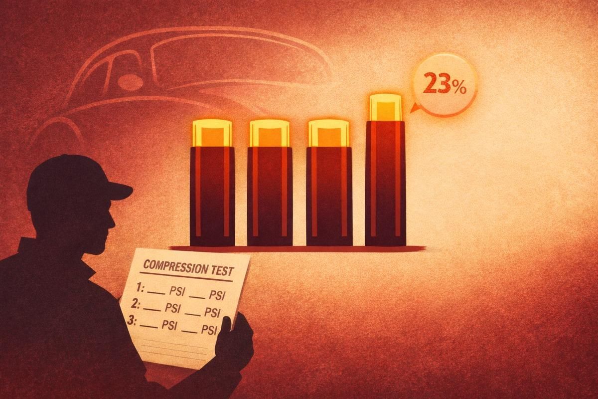 Silhouette inspector reads compression test as four gauges show one high outlier.