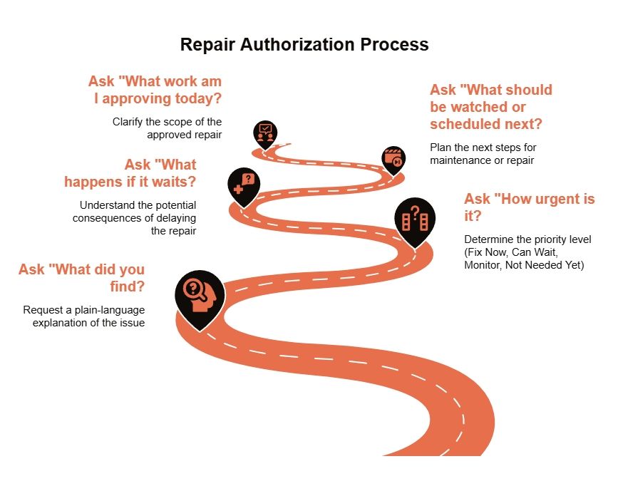 Repair authorization process infographic with a winding road of questions to ask before approving work, delaying repairs, or scheduling next steps.