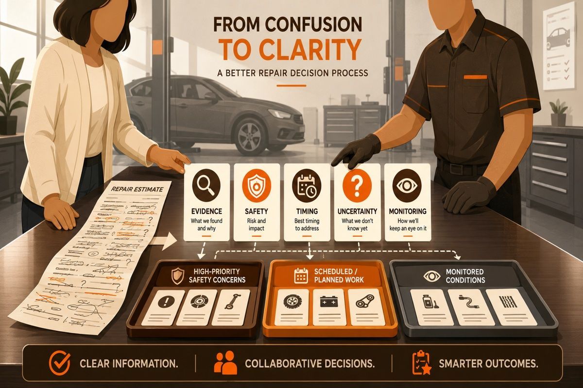 Owner and technician sort repair findings by evidence, safety, timing, uncertainty, and monitoring.