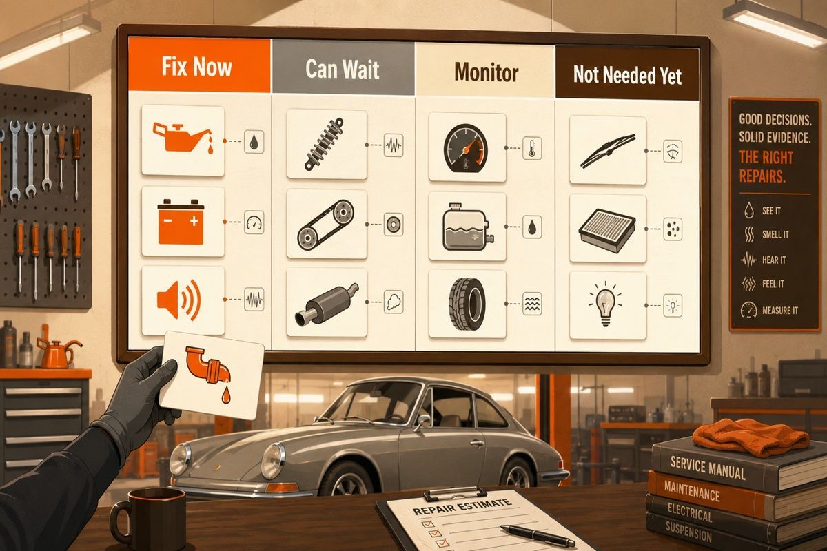 Repair priority board in a classic car shop sorting issues by urgency and evidence.
