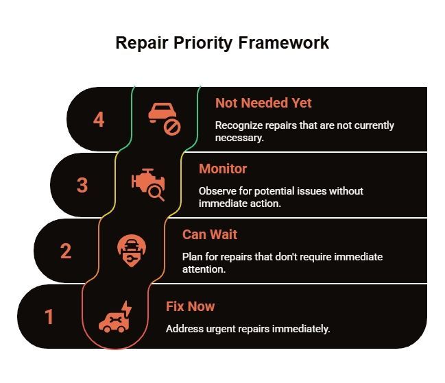 Repair priority framework infographic showing four levels from fix now to not needed yet, helping drivers decide which auto repairs need action.