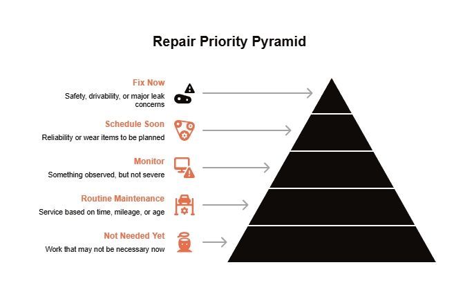 Repair priority pyramid graphic ranking auto repairs from fix now to not needed yet, with arrows and labels for safety, wear, monitoring, and maintenance.