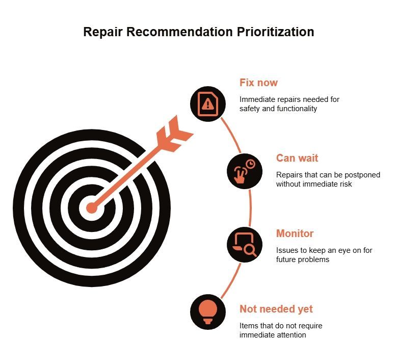 Repair recommendation prioritization infographic with target arrow and icons sorting vehicle repairs into fix now, can wait, monitor, and not needed yet.