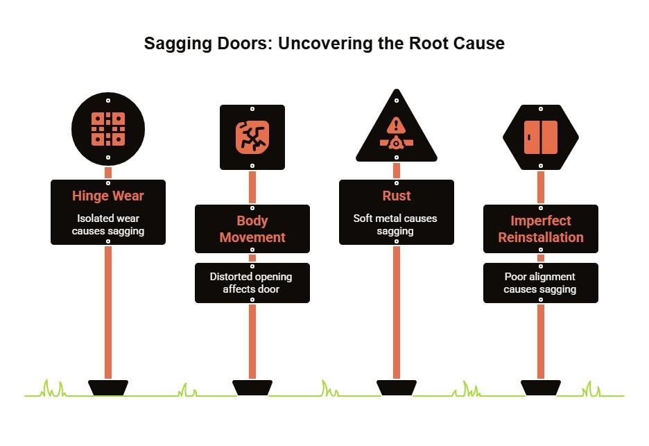 Sagging door root-cause diagram showing hinge wear, body movement, rust-softened metal, and imperfect reinstallation as possible classic car issues.
