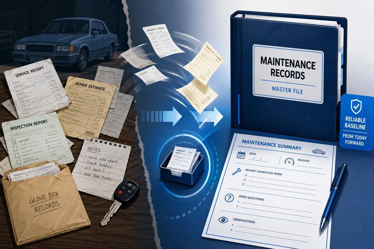 Scattered car records transform into an organized maintenance file and summary sheet.