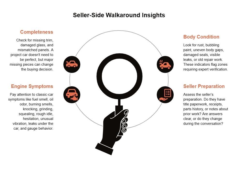 Seller-side classic VW walkaround guide highlighting completeness, engine symptoms, body condition, and seller preparation before deciding on an inspection.
