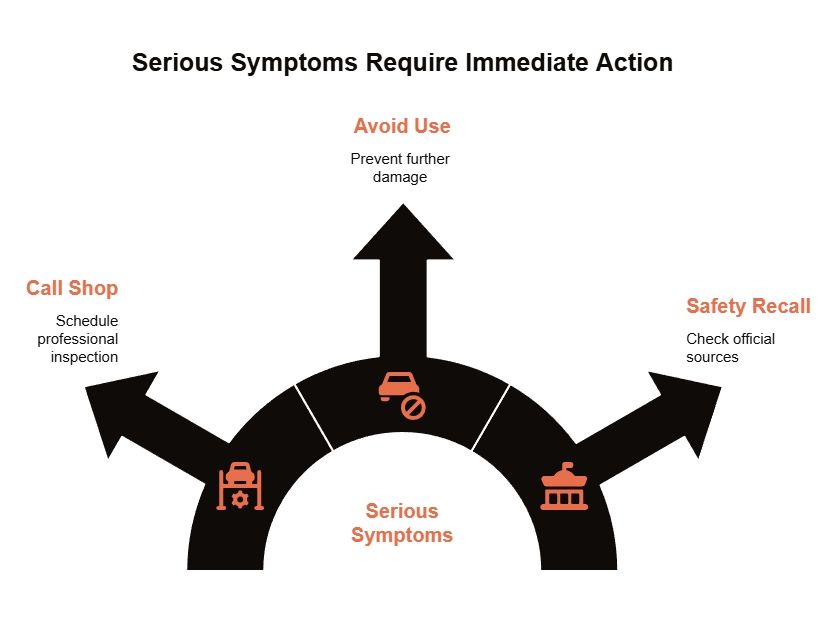 Serious symptoms infographic showing urgent repair actions: avoid use, call the shop, and check safety recalls to prevent further vehicle damage.