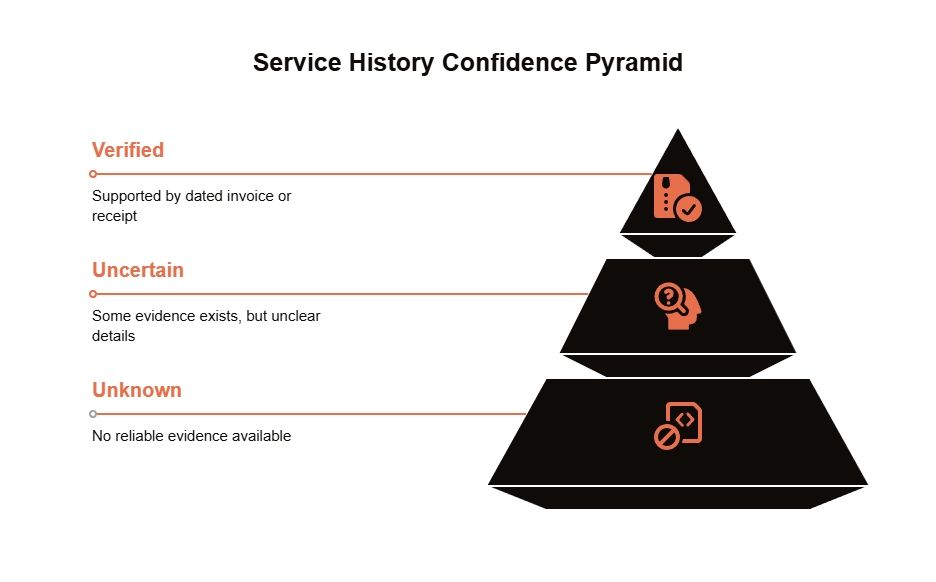 Service history confidence pyramid ranking maintenance evidence as verified, uncertain, or unknown based on the quality of invoices, receipts, and supporting records.