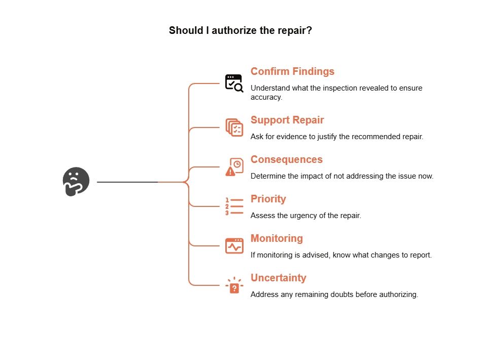 Repair authorization guide showing how to confirm findings, review evidence, assess consequences and priority, plan monitoring, and resolve uncertainty before approval.