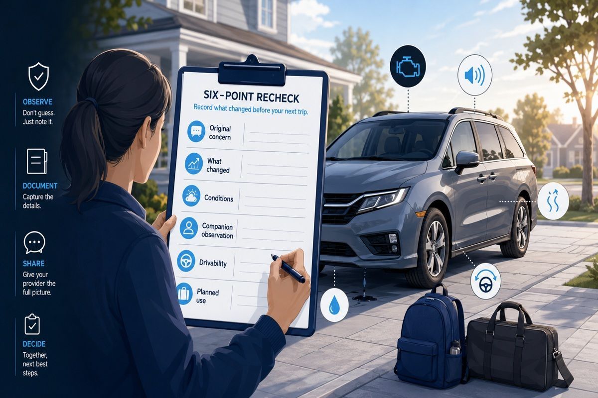 Driver completes a six-point vehicle recheck beside a family car before the next trip.