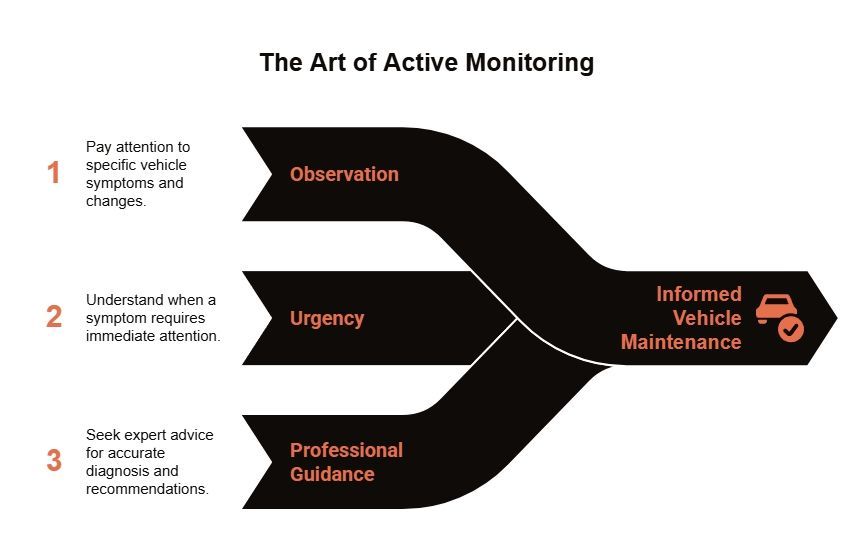 Active monitoring infographic showing observation, urgency, and professional guidance merging into informed vehicle maintenance with clear symptom tracking.