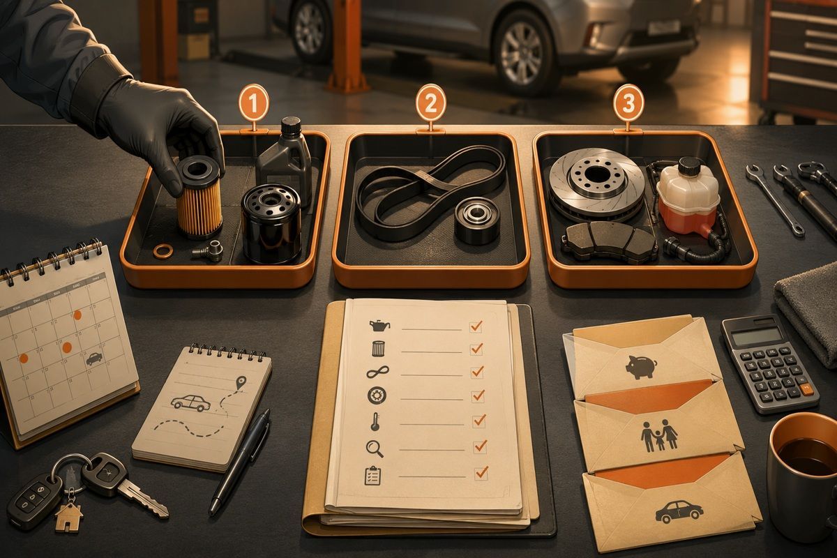 Mechanic organizes car maintenance parts into three trays beside a service plan desk.