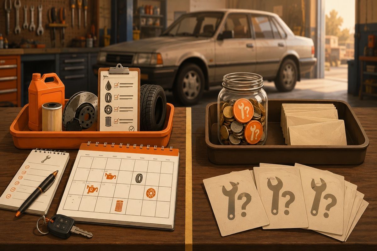 Two-bucket car budget workbench with maintenance calendar, repair reserve jar, and older sedan.