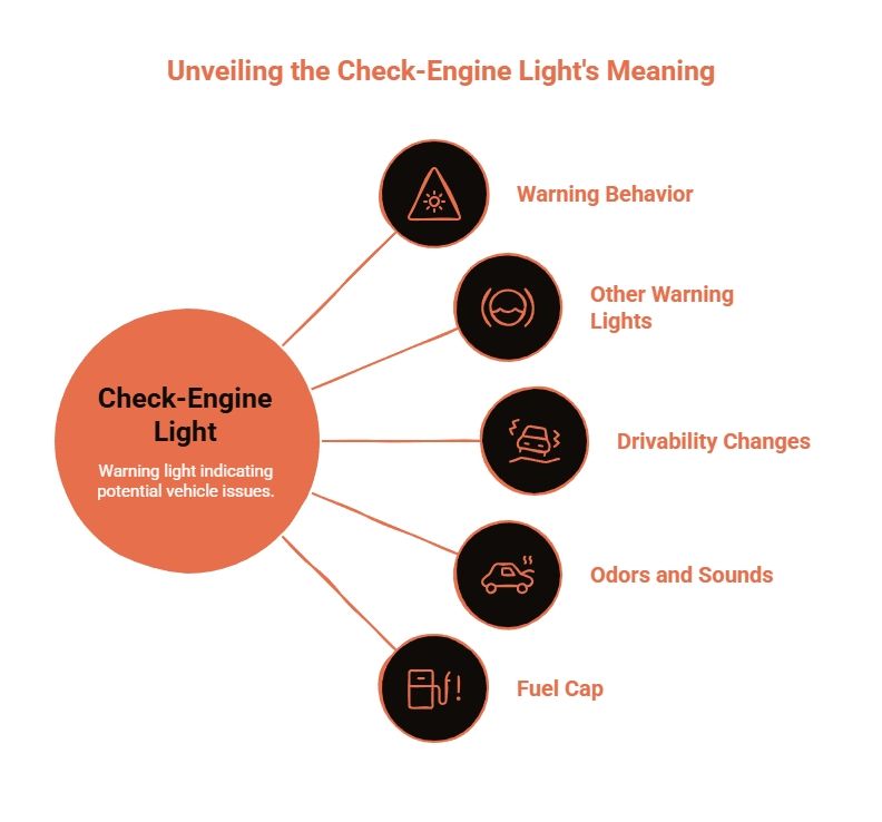 Check-engine light meaning guide showing warning behavior, other lights, drivability changes, odors, sounds, and fuel cap checks.