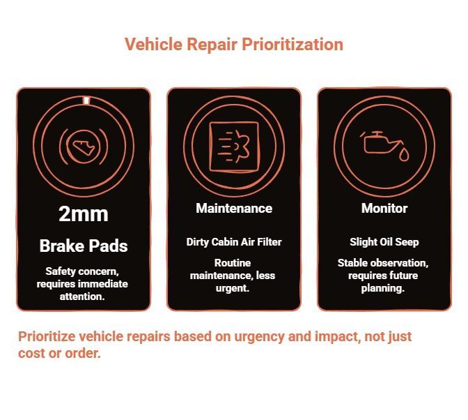 Vehicle repair prioritization guide showing urgent brake pad repair, routine cabin air filter maintenance, and monitored oil seep based on risk and impact.