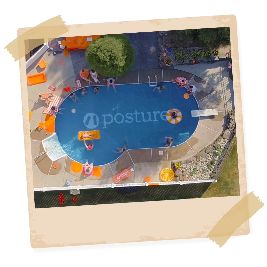 An aerial view of a swimming pool with the word posture on it