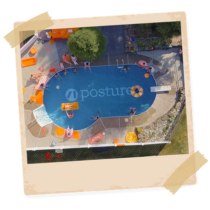 An aerial view of a swimming pool with the word posture on it