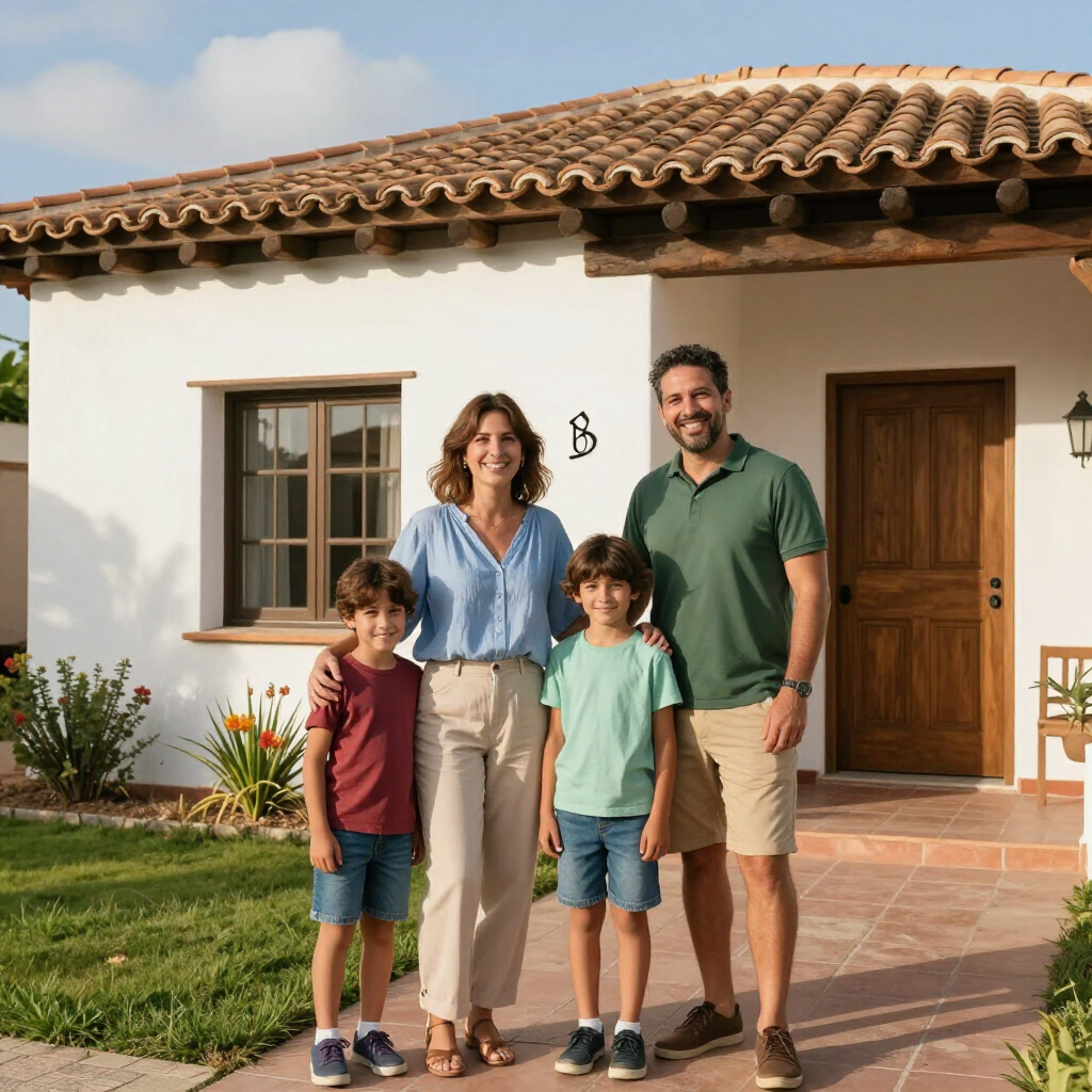 Familia de pie frente a una casa de estuco blanco con techo de tejas, sonriendo cerca de la puerta principal.