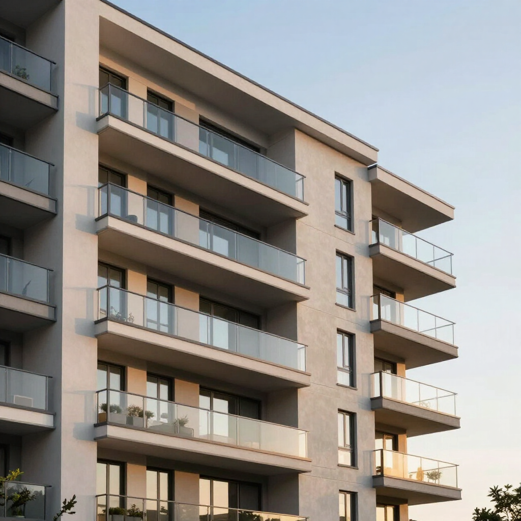 Edificio de apartamentos moderno con balcones apilados y barandillas de cristal al atardecer.