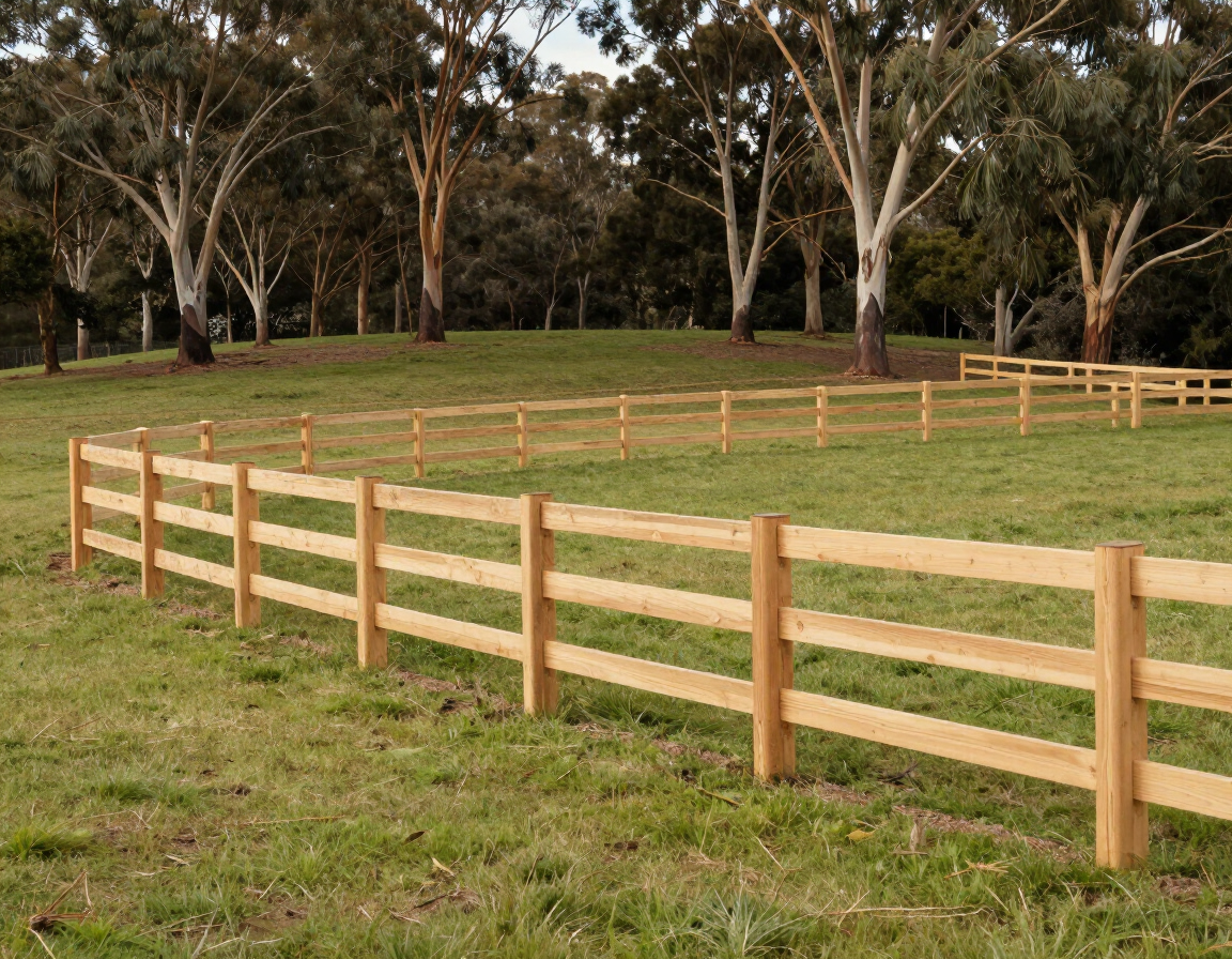 Wooden fence enclosing a grassy field with trees in the background