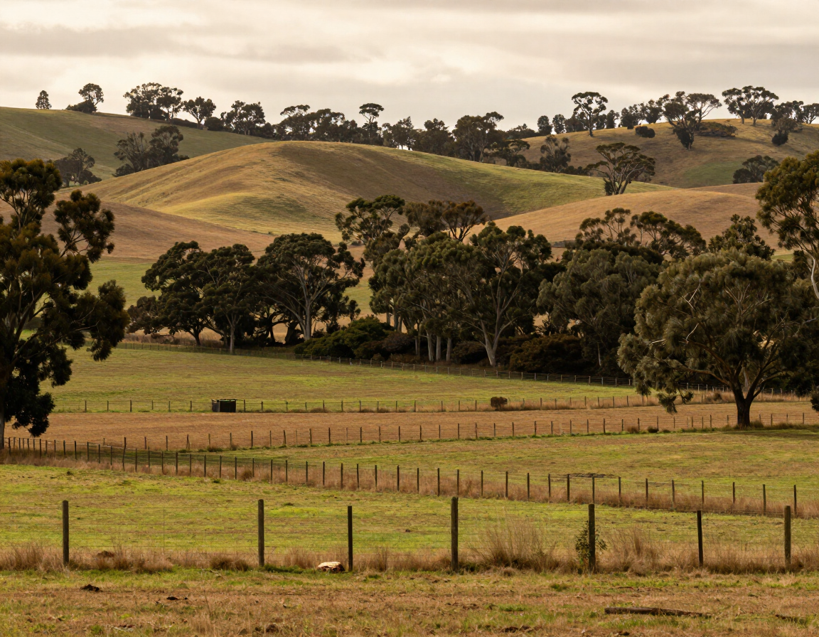 Wide Gippsland rural landscape with fenced paddocks and hill country