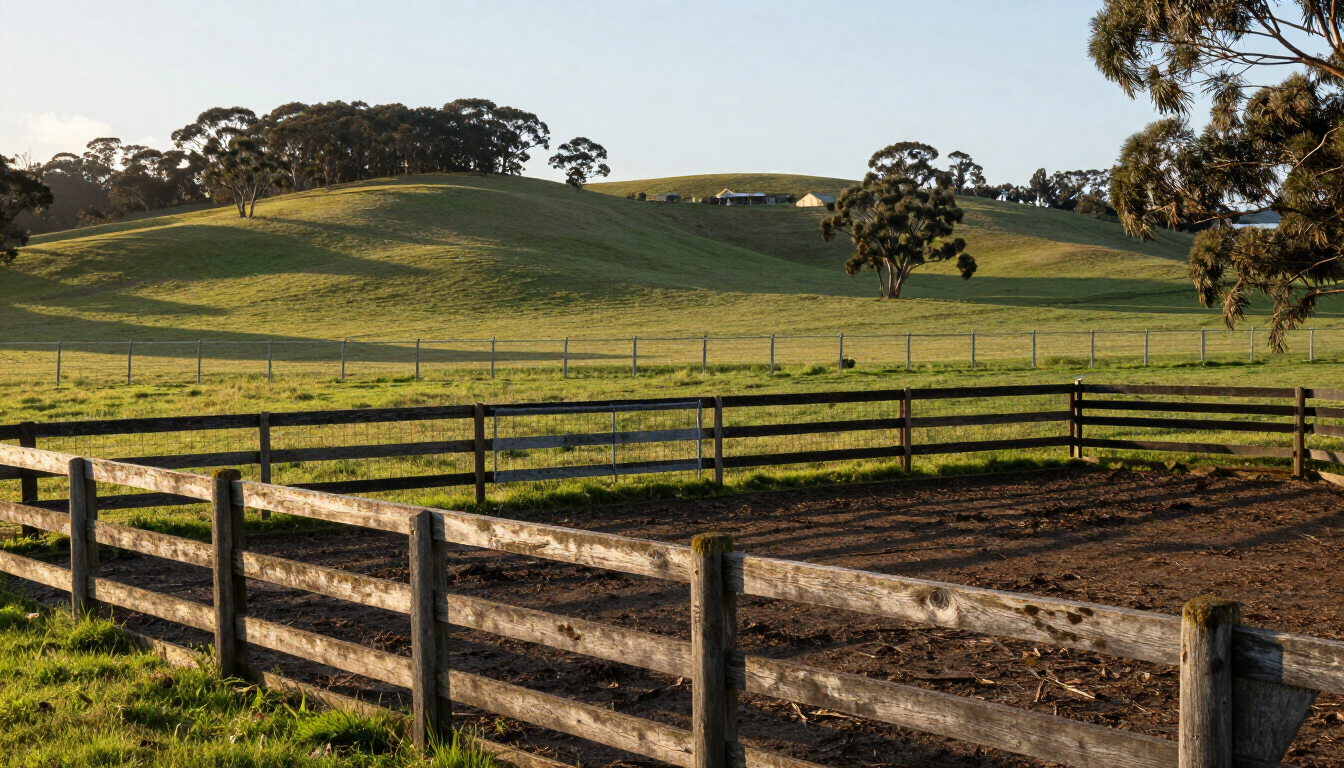 Rural Gippsland property with post and rail fencing and cattle yard