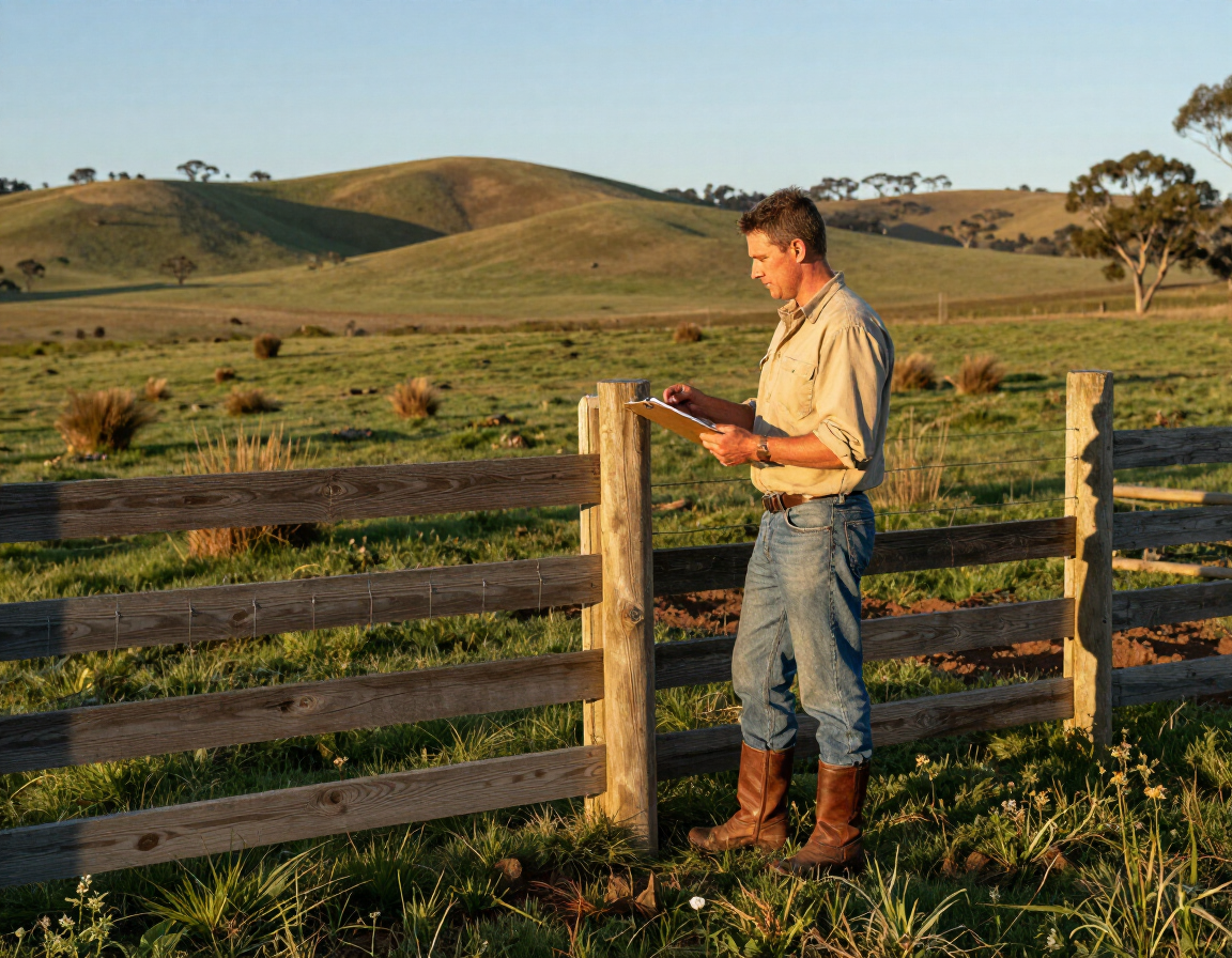 Trevor inspecting a completed rural boundary fence in Gippsland