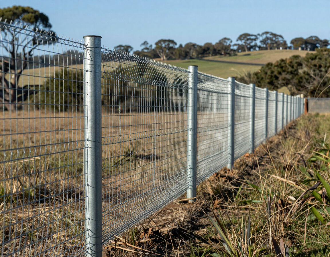 Metal wire fence along a rural roadside with grassy fields and hills in the background