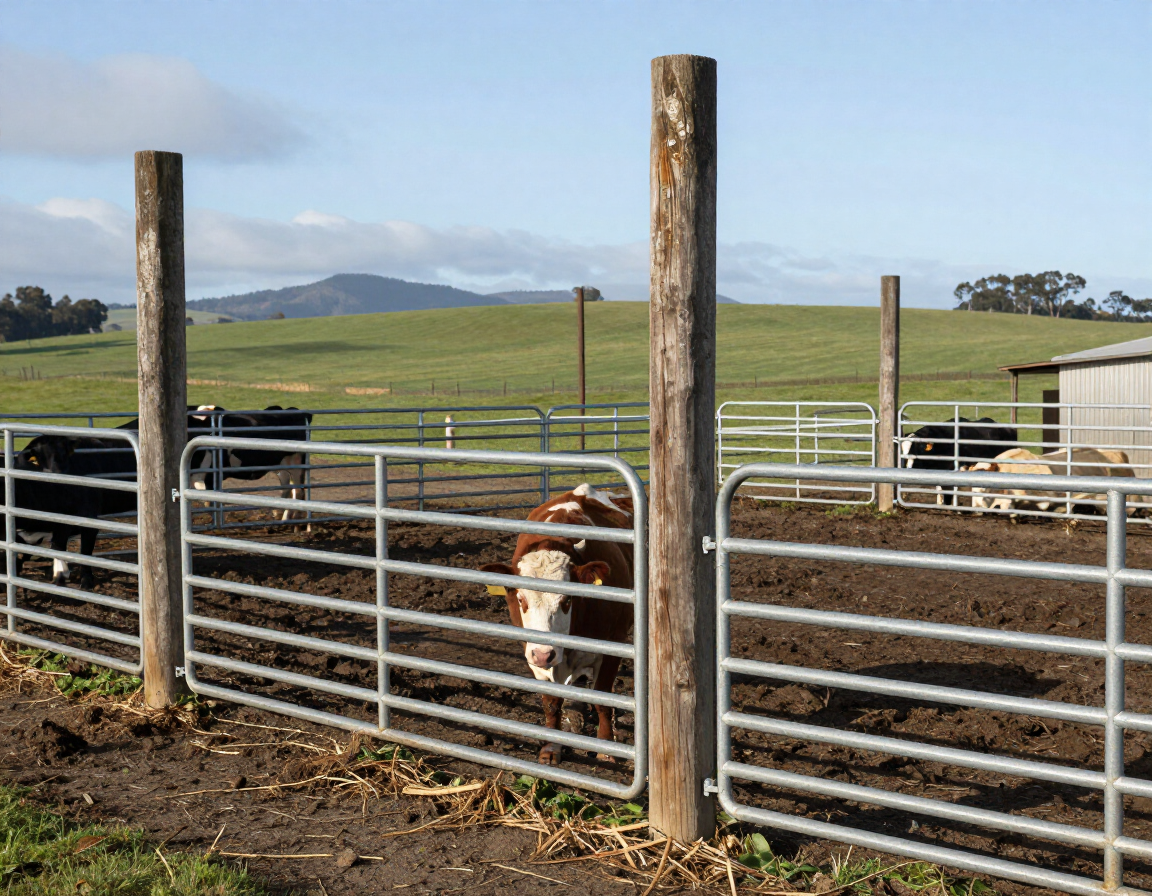 Cattle in a fenced pasture with hills and blue sky in the background