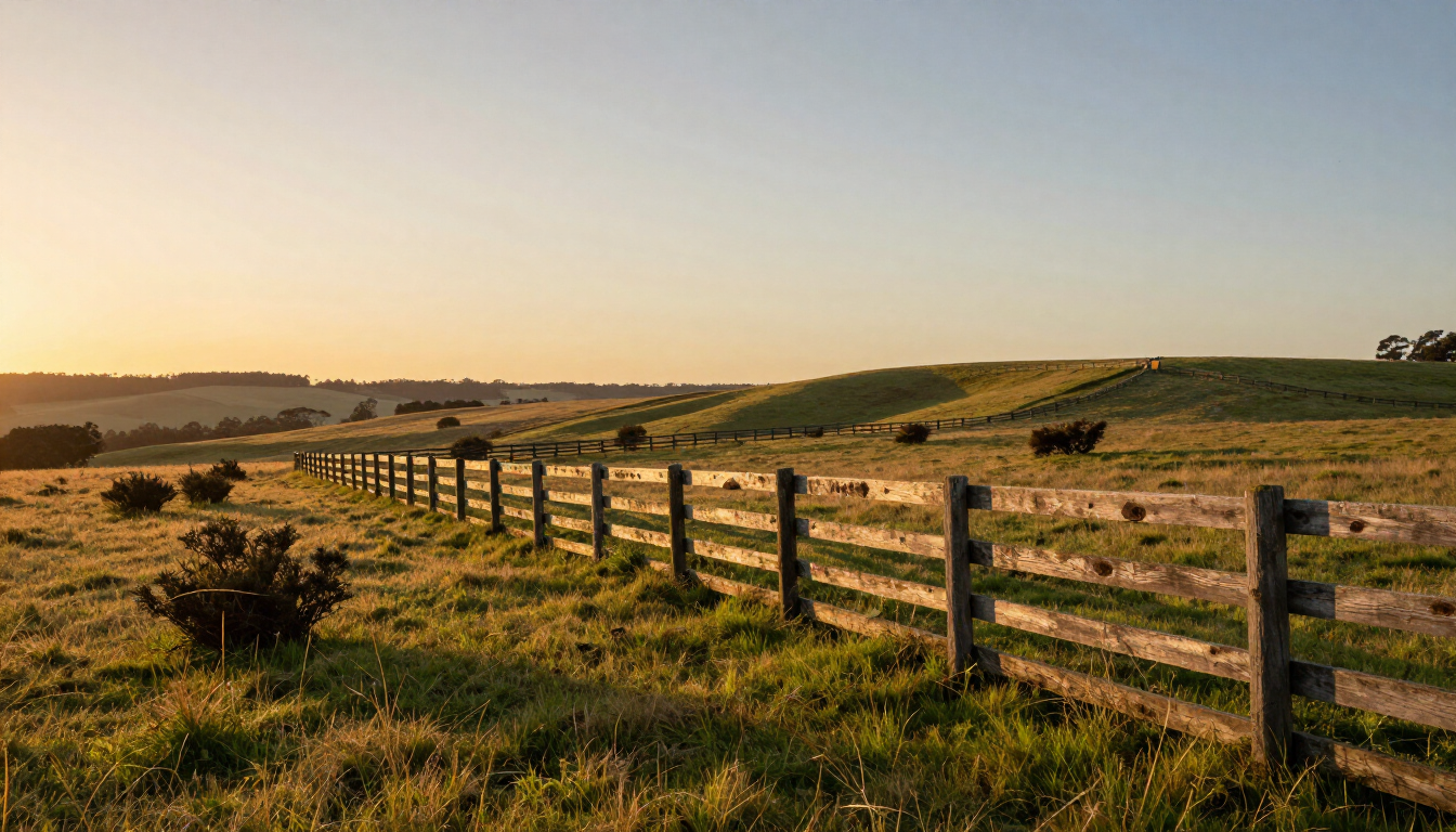 Sunlit rural fence line across rolling green hills under a clear sky