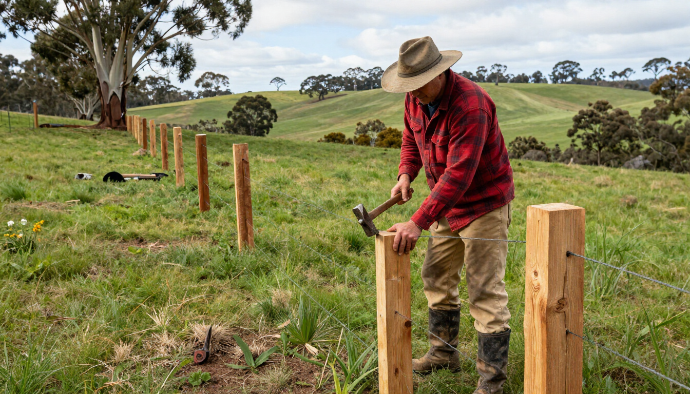 Person in a red plaid shirt hammering fence posts in a grassy rural field.