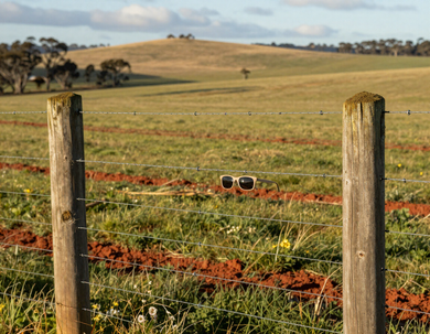 Wooden fence posts with red wire in a grassy rural field under a cloudy sky