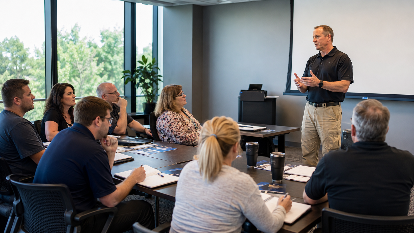 Employees participating in an active shooter response training session with a safety instructor